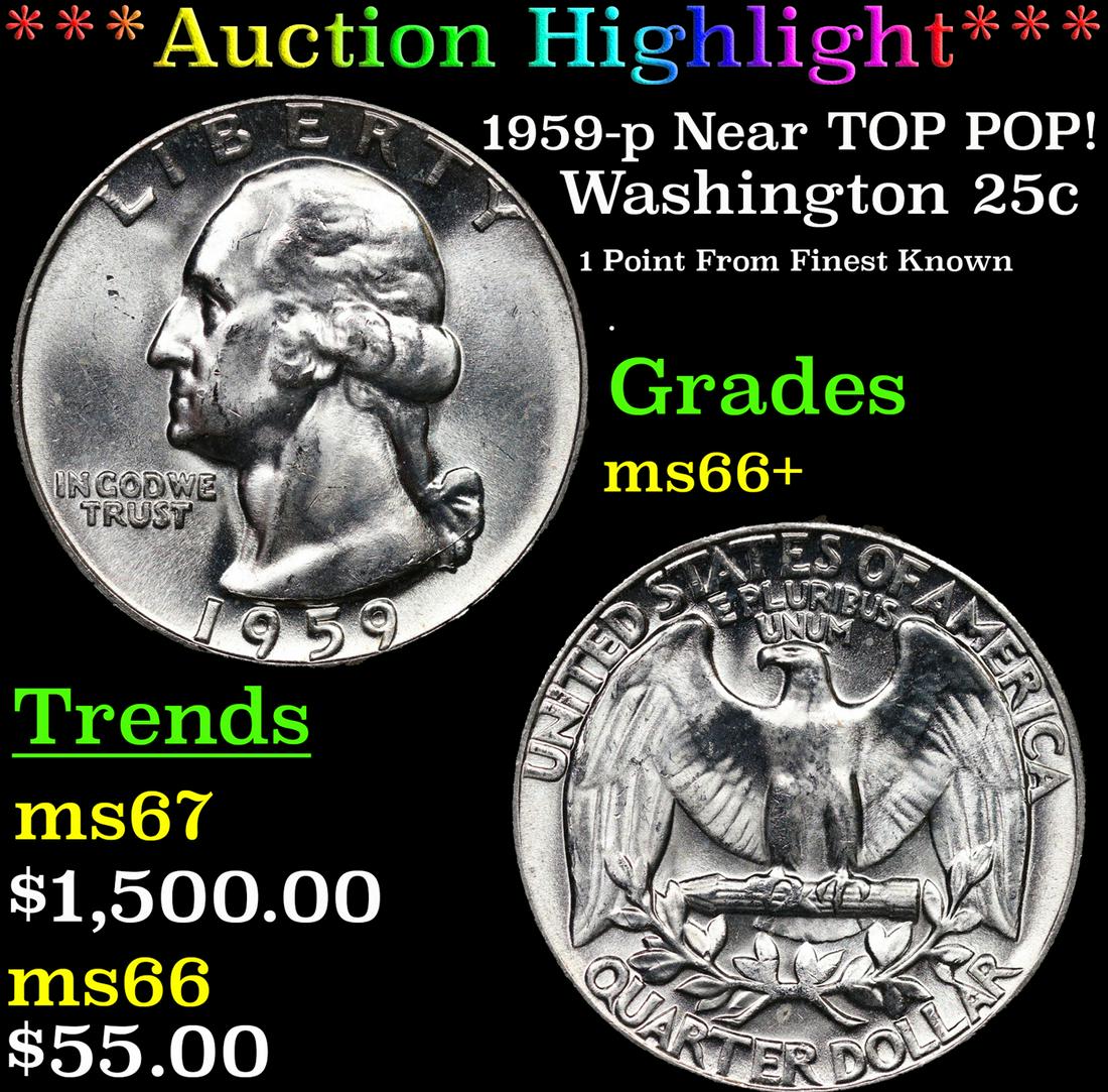 ***Auction Highlight*** 1959-p Washington Quarter Near TOP POP! 25c Graded GEM++ Unc BY USCG (fc) (1 of 4)