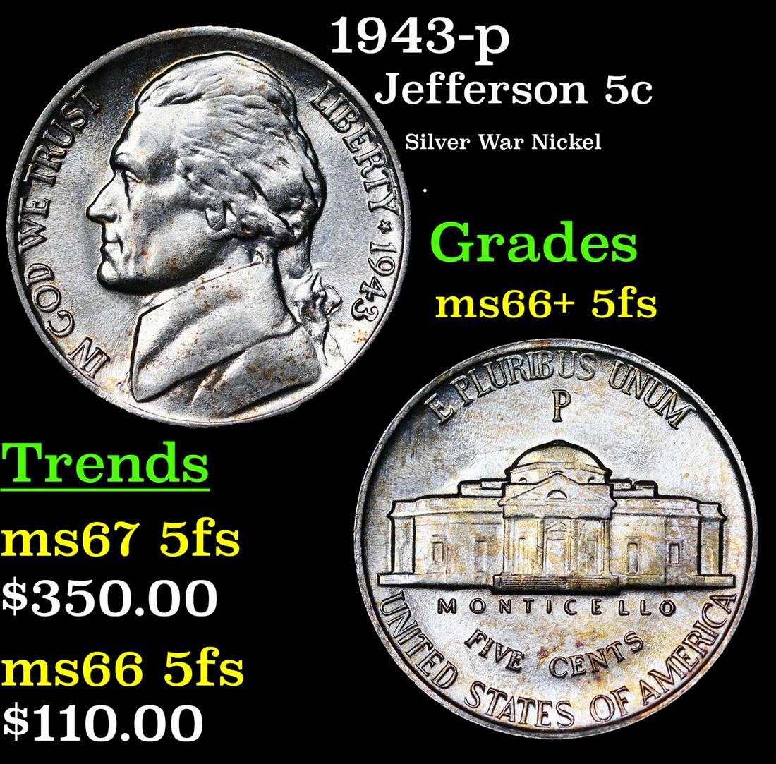 1943-p Jefferson Nickel 5c Grades GEM++ 5fs (1 of 3)