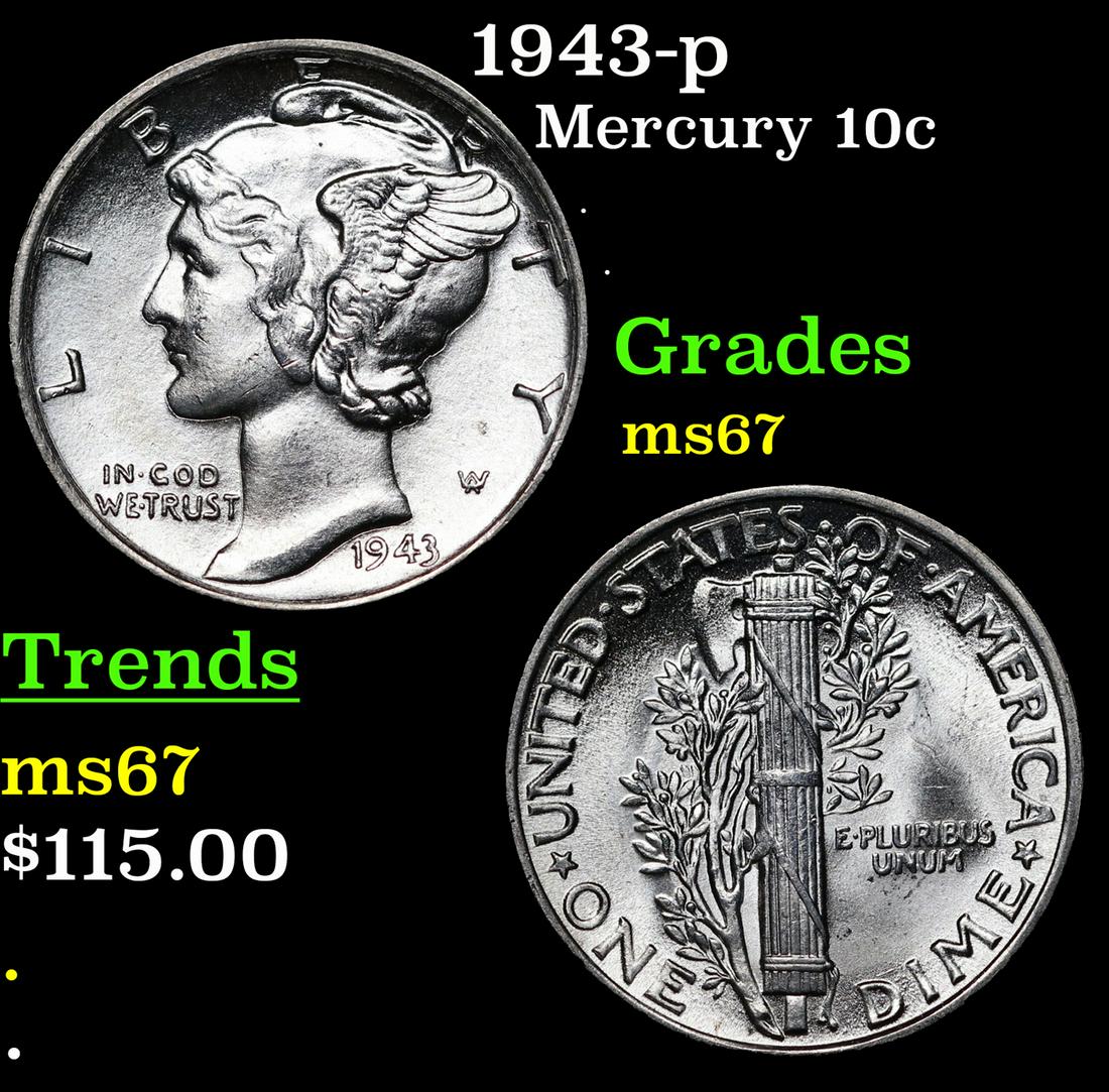 1943-p Mercury Dime 10c Grades GEM++ Unc (1 of 3)