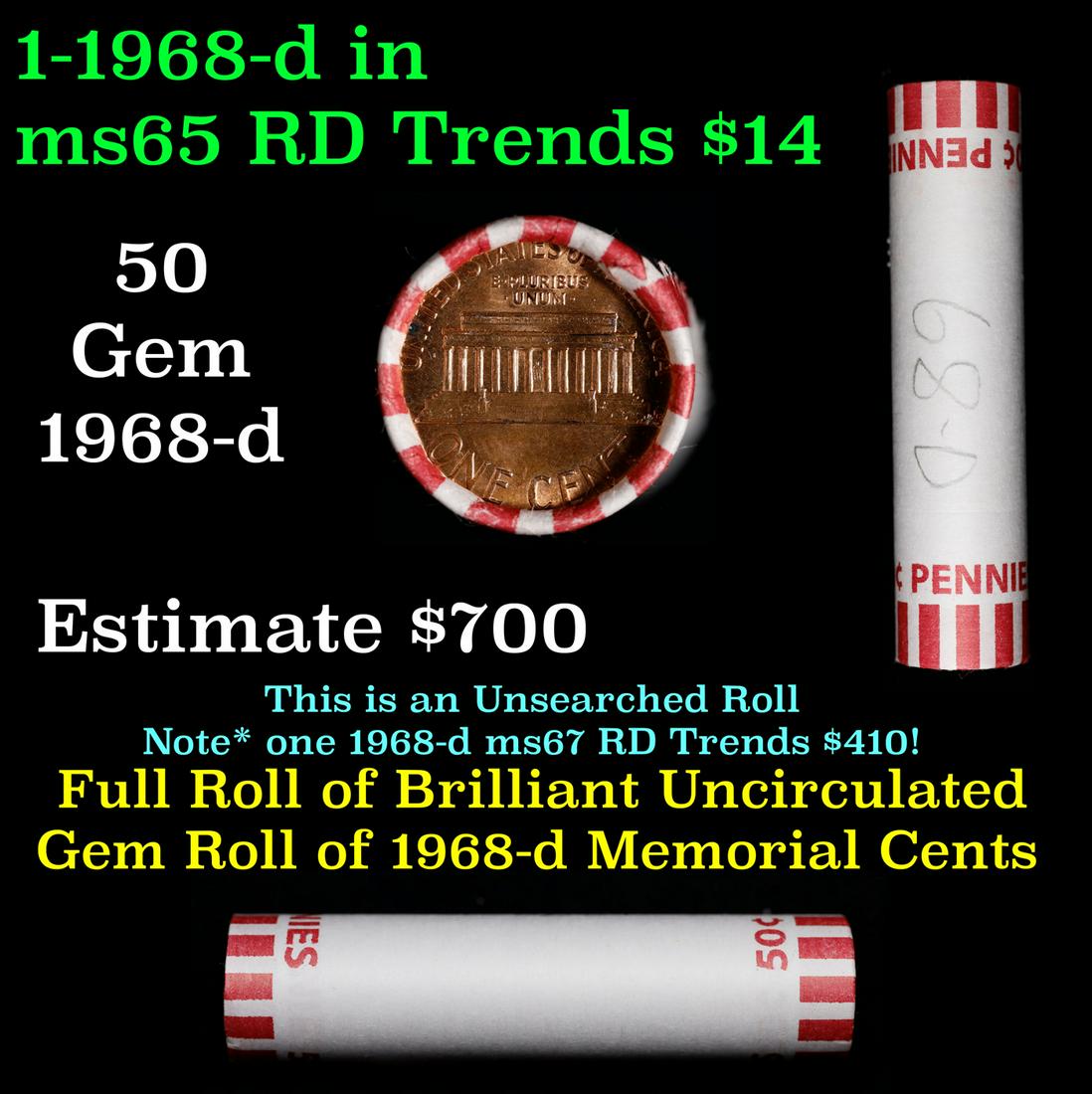 Shotgun Lincoln 1c roll, 1968-d 50 pcs Bank Wrapper.: Shotgun Lincoln 1c roll, 1968-d 50 pcs Bank Wrapper.. A terrific Shotgun roll of Lincoln cents. Most if not all coin should be cherry red.
