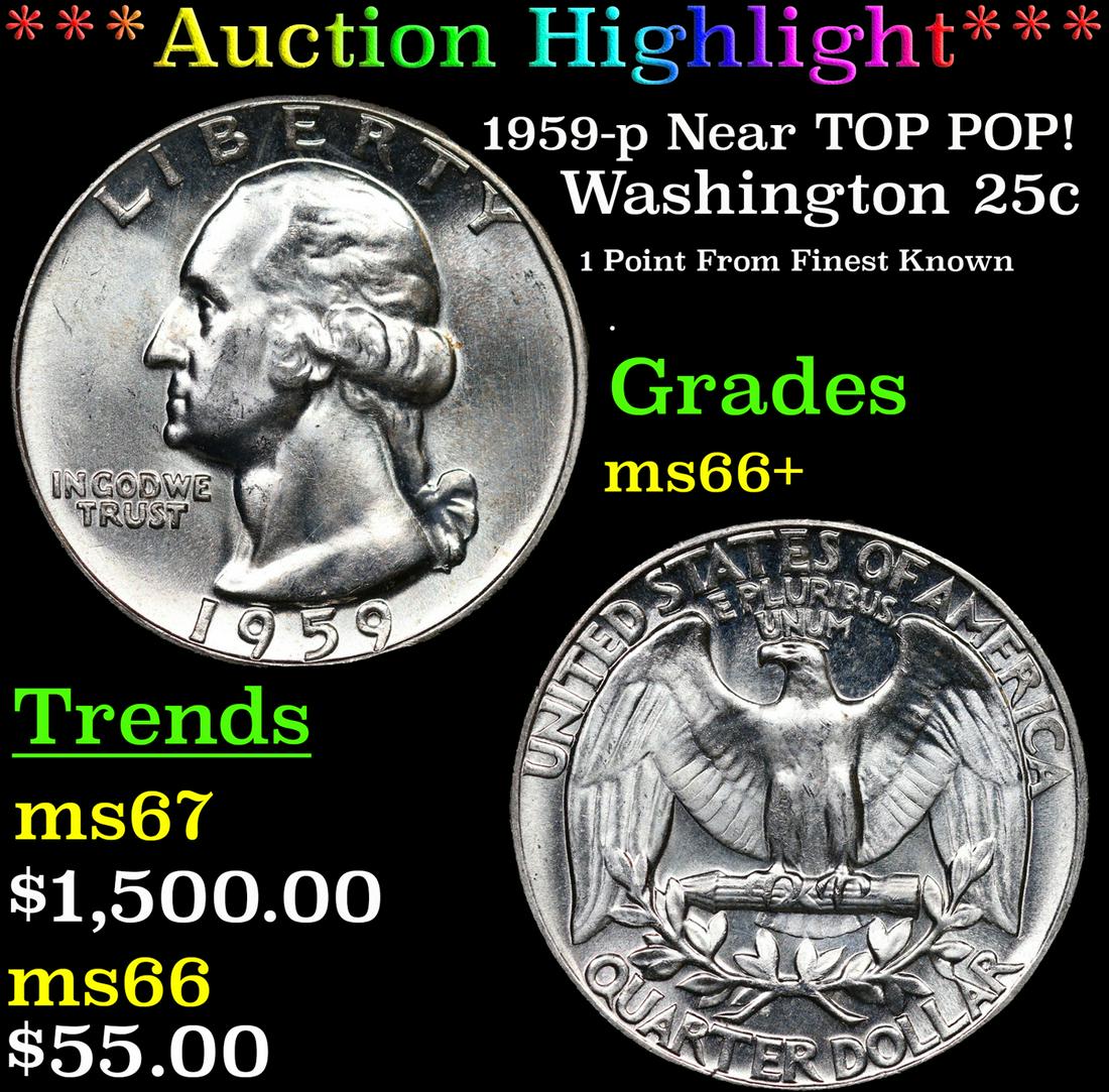 ***Auction Highlight*** 1959-p Washington Quarter Near TOP POP! 25c Graded GEM++ Unc BY USCG (fc) (1 of 4)