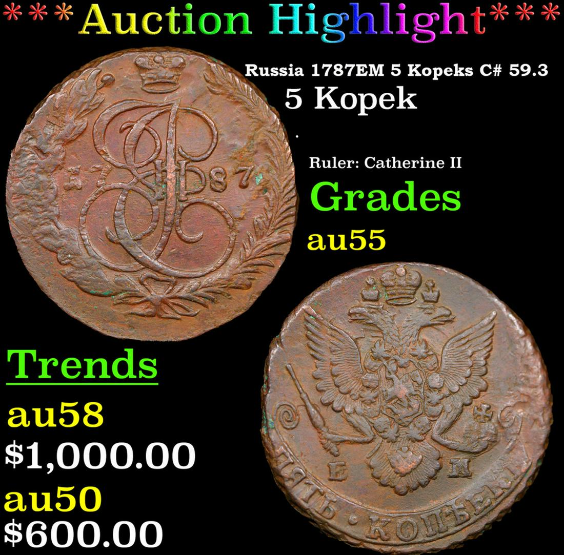 ***Auction Highlight*** Russia 1787Ð•Ðœ 5 Kopeks C# 59.3 Grades Choice AU By SEGS (fc) (1 of 3)
