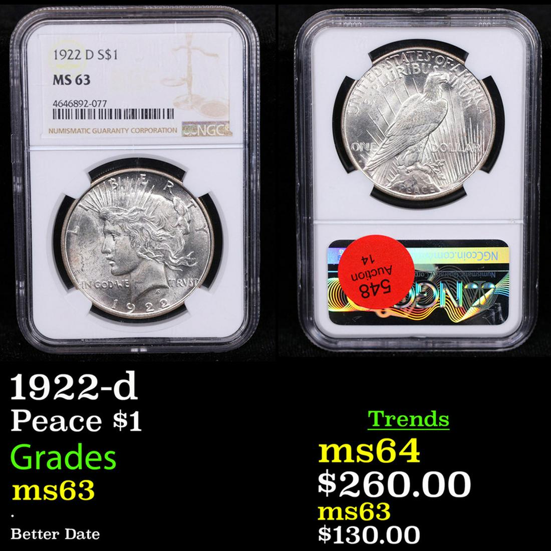 NGC 1922-d Peace Dollar $1 Graded ms63 By NGC (1 of 3)