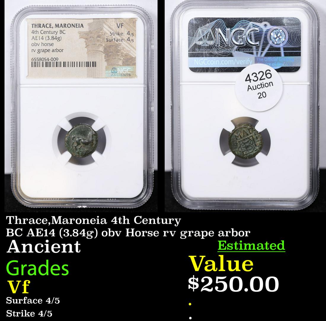 NGC Thrace,Maroneia 4th Century BC AE14 (3.84g) obv Horse rv grape arbor Graded Vf By NGC: NGC Thrace,Maroneia 4th Century BC AE14 (3.84g) obv Horse rv grape arbor Graded Vf By NGC. The Cost Of Slabbing Alone is $50 A Key Date's Pick