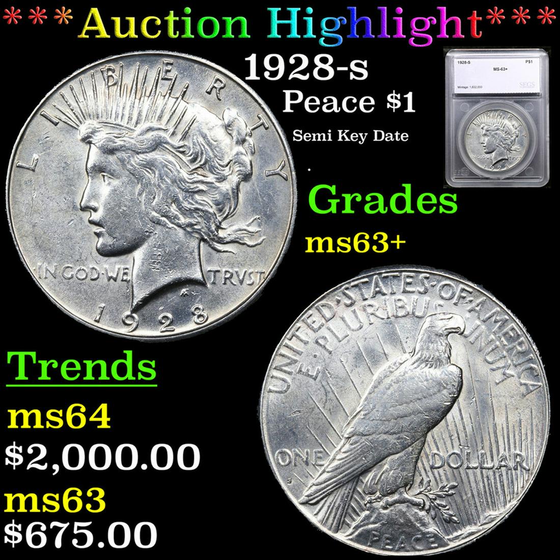 ***Auction Highlight*** 1928-s Peace Dollar $1 Grades Select+ Unc By SEGS (fc) (1 of 5)
