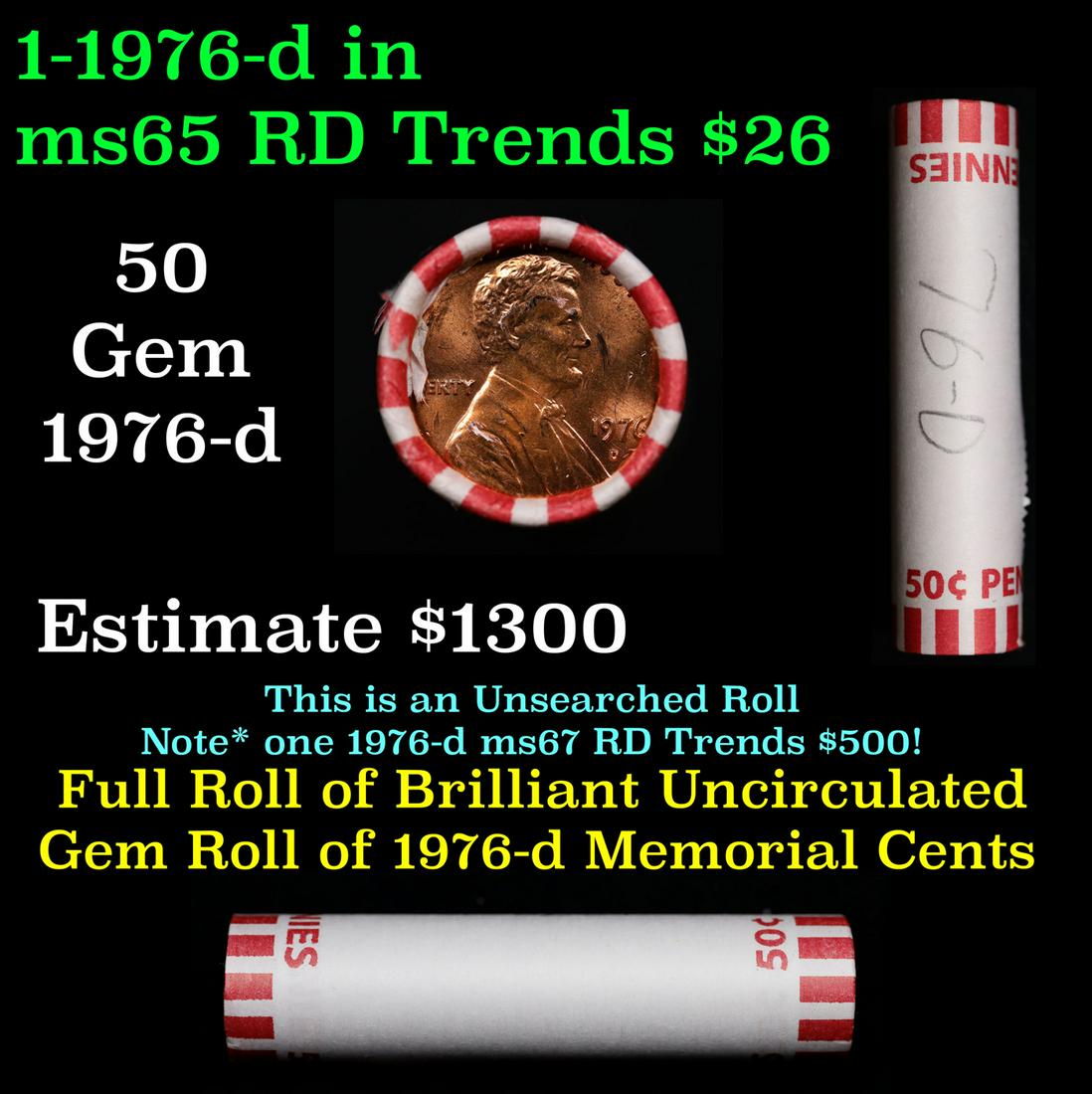 Shotgun Lincoln 1c roll, 1976-d 50 pcs Bank Wrapper.: Shotgun Lincoln 1c roll, 1976-d 50 pcs Bank Wrapper.. A terrific Shotgun roll of Lincoln cents. Most if not all coin should be cherry red.