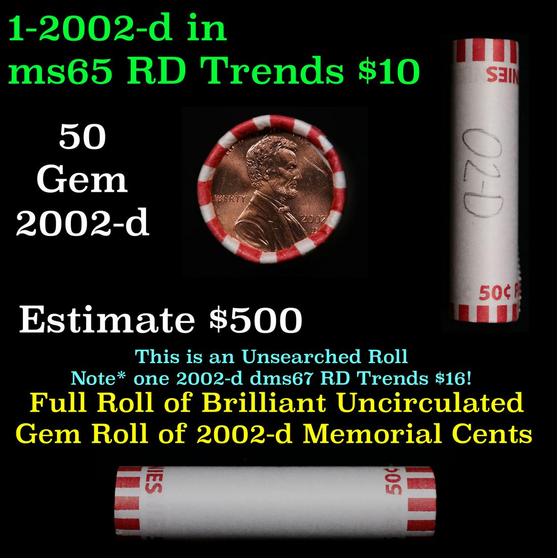 Shotgun Lincoln 1c roll, 2002-d 50 pcs Bank Wrapper.: Shotgun Lincoln 1c roll, 2002-d 50 pcs Bank Wrapper.. A terrific Shotgun roll of Lincoln cents. Most if not all coin should be cherry red.