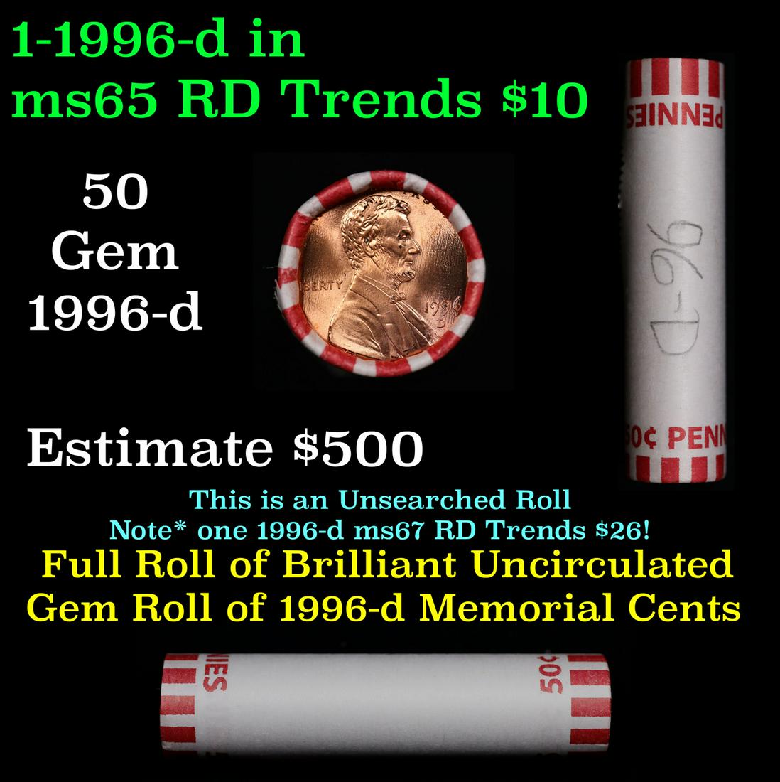 Shotgun Lincoln 1c roll, 1996-d 50 pcs Bank Wrapper.: Shotgun Lincoln 1c roll, 1996-d 50 pcs Bank Wrapper.. A terrific Shotgun roll of Lincoln cents. Most if not all coin should be cherry red.