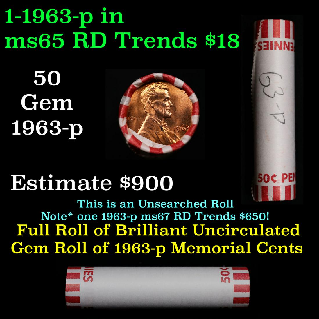 Shotgun Lincoln 1c roll, 1963-p 50 pcs Bank Wrapper.: Shotgun Lincoln 1c roll, 1963-p 50 pcs Bank Wrapper.. A terrific Shotgun roll of Lincoln cents. Most if not all coin should be cherry red.
