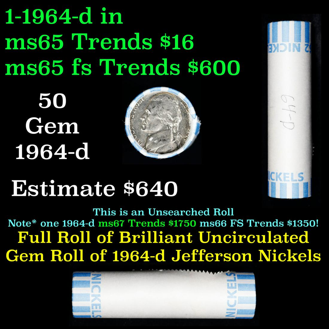Bank Style Shotgun Uncirculated Jefferson 5c roll, 1964-p 40 pcs (1 of 3)