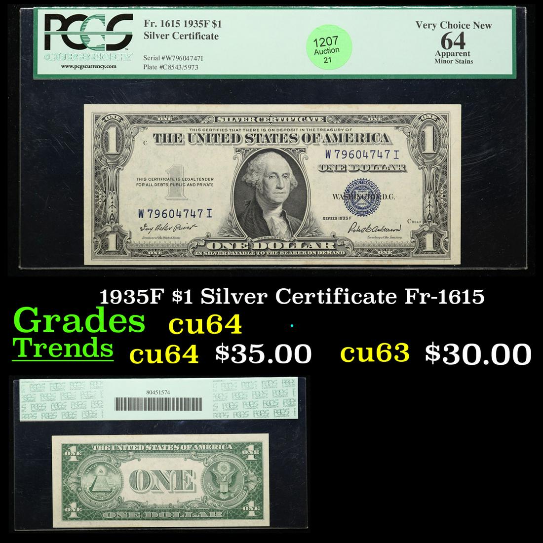 1935F $1 Silver Certificate Fr-1615 Graded cu64 By PCGS (1 of 3)