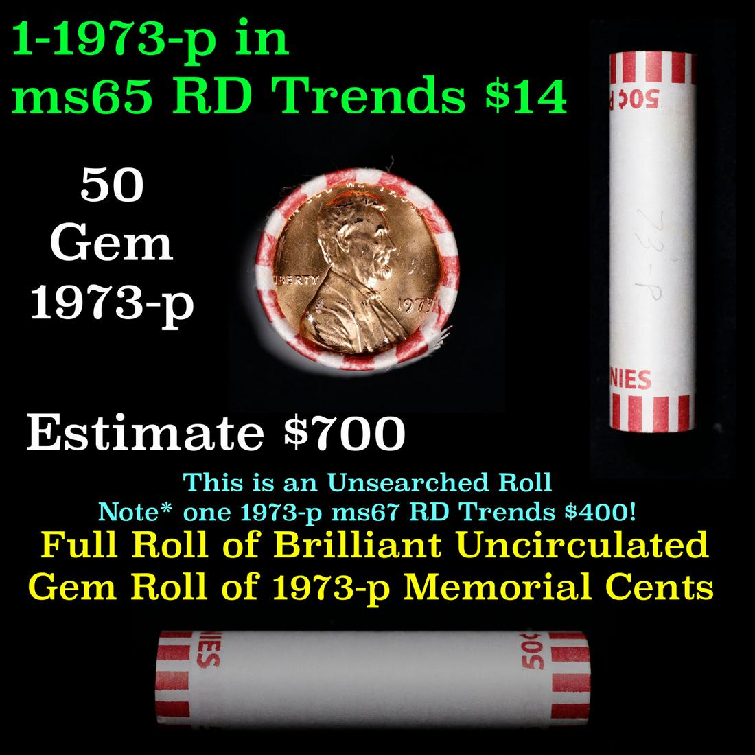 Shotgun Lincoln 1c roll, 1973-p 50 pcs Bank Wrapper.: Shotgun Lincoln 1c roll, 1973-p 50 pcs Bank Wrapper.. A terrific Shotgun roll of Lincoln cents. Most if not all coin should be cherry red.