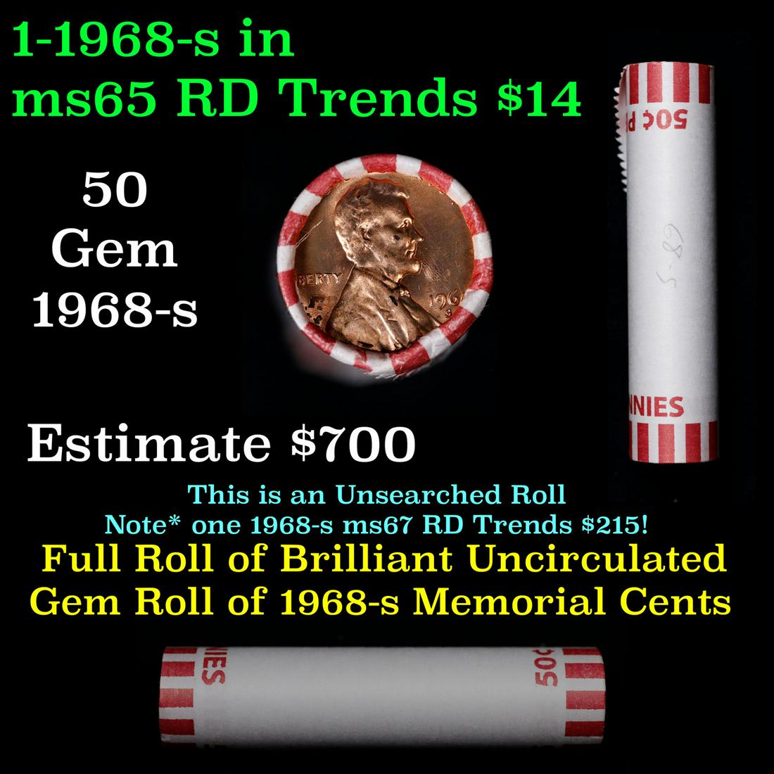 Shotgun Lincoln 1c roll, 1968-s 50 pcs Bank Wrapper.: Shotgun Lincoln 1c roll, 1968-s 50 pcs Bank Wrapper.. A terrific Shotgun roll of Lincoln cents. Most if not all coin should be cherry red.