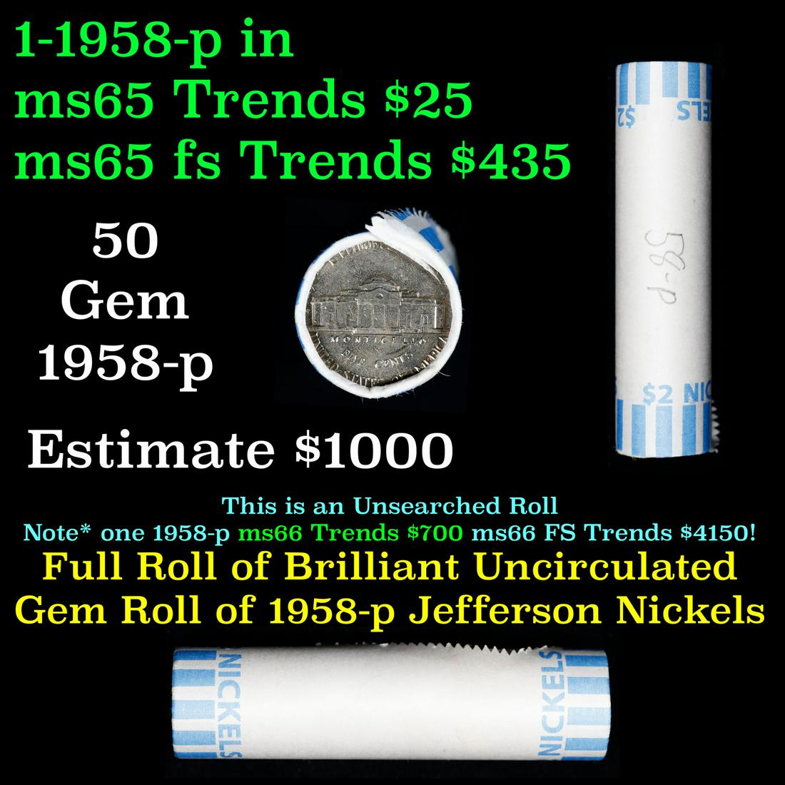 Bank Style Shotgun Uncirculated Jefferson 5c roll, 1958-p 40 pcs (1 of 3)