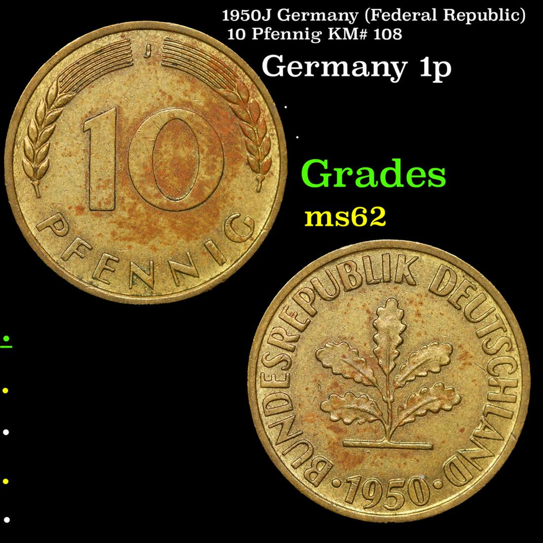 1950J Germany (Federal Republic) 10 Pfennig KM# 108 Grades Select Unc (1 of 3)