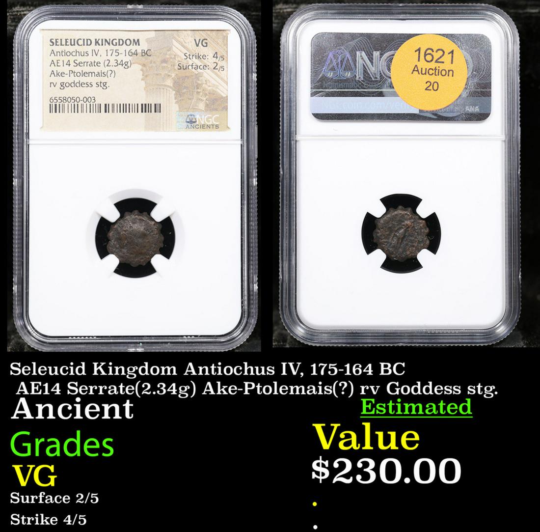 NGC Seleucid Kingdom Antiochus IV, 175-164 BC AE14 Serrate(2.34g) Ake-Ptolemais(?) rv Goddess stg. (1 of 3)