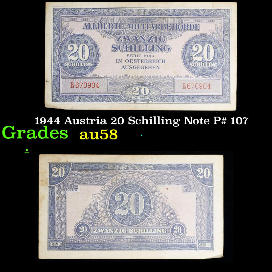 1944 Austria 20 Schilling Note P# 107 Grades Choice AU/BU Slider (1 of 3)