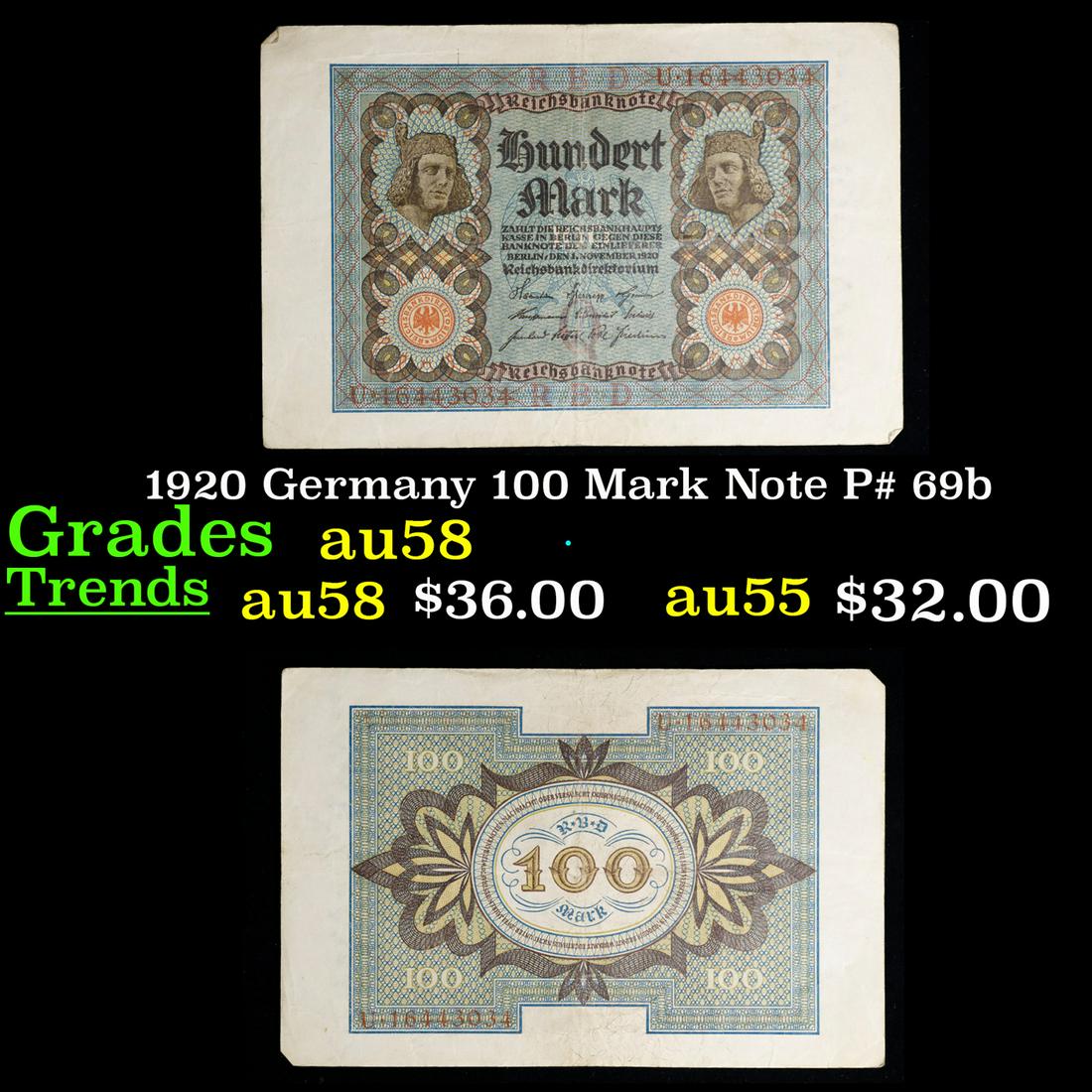 1920 Germany 100 Mark Note P# 69b Grades Choice AU/BU Slider (1 of 3)
