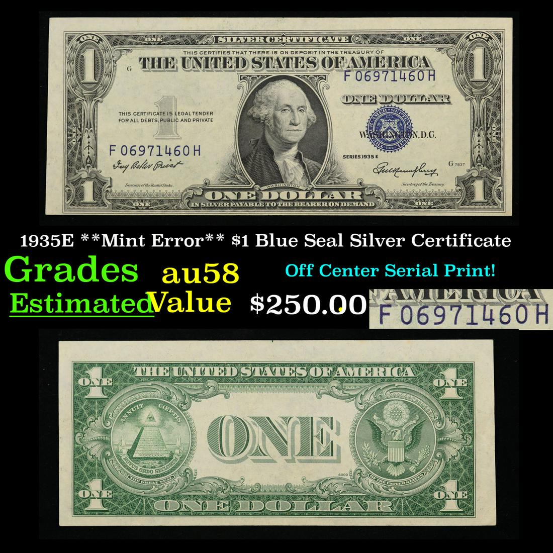 1935E **Mint Error** $1 Blue Seal Silver Certificate Grades Choice AU/BU Slider (1 of 4)