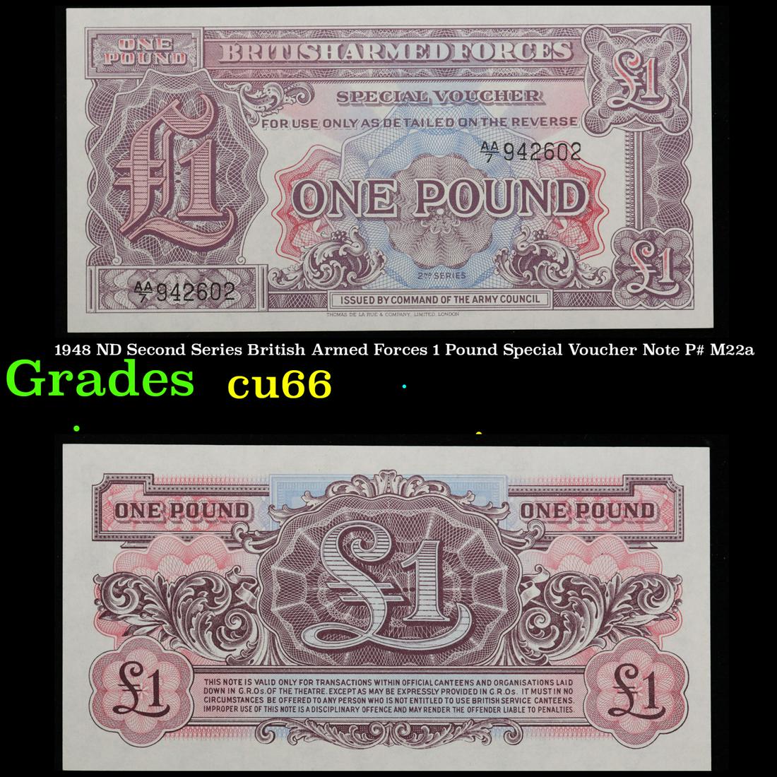1948 ND Second Series British Armed Forces 1 Pound Special Voucher Note P# M22a Grades Gem+ CU (1 of 3)