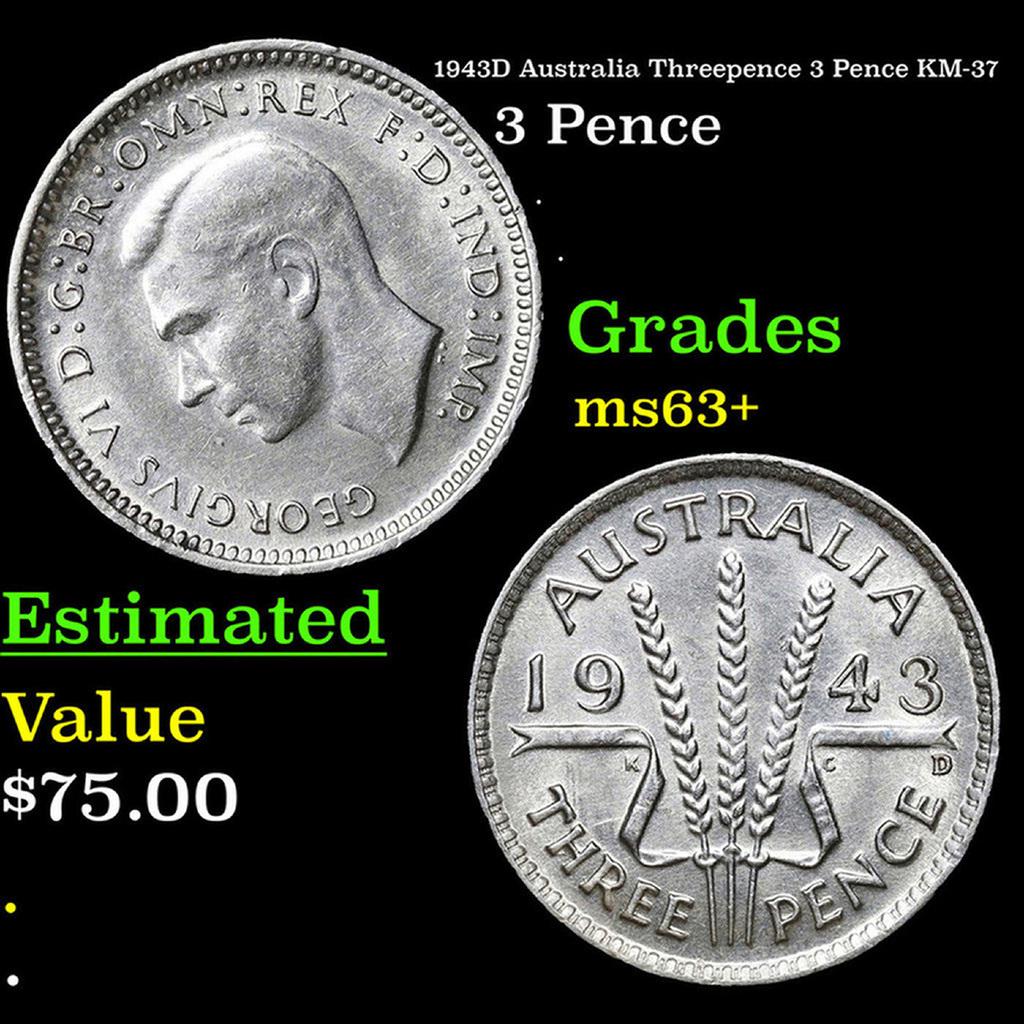 1943D Australia Threepence 3 Pence KM-37 Grades Select+ Unc (1 of 3)