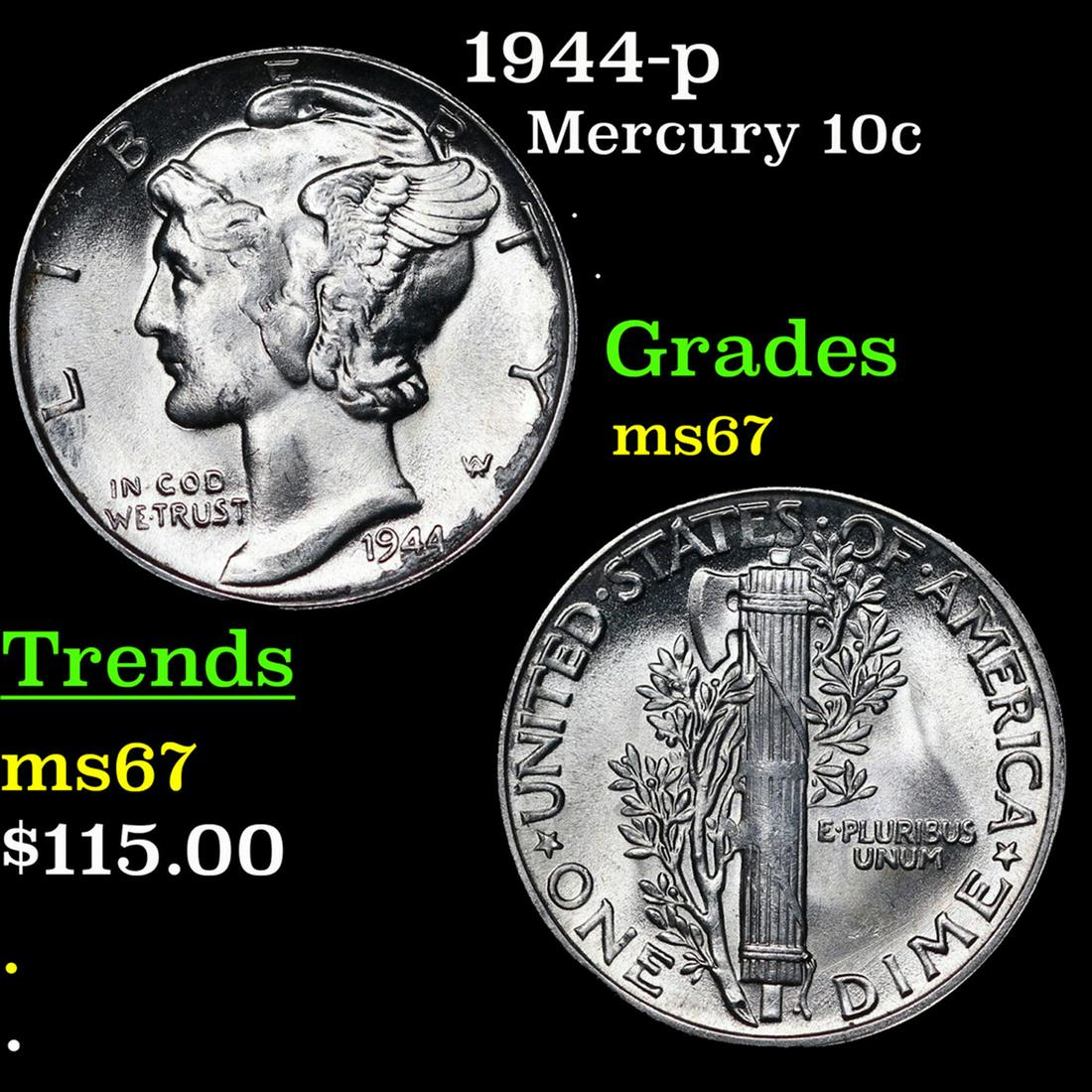 1944-p Mercury Dime 10c Grades GEM++ Unc (1 of 3)