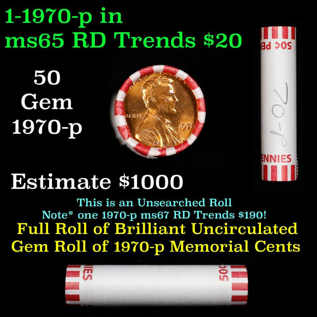 Shotgun Lincoln 1c roll, 1970-p 50 pcs Bank Wrapper.: Shotgun Lincoln 1c roll, 1970-p 50 pcs Bank Wrapper.. A terrific Shotgun roll of Lincoln cents. Most if not all coin should be cherry red.