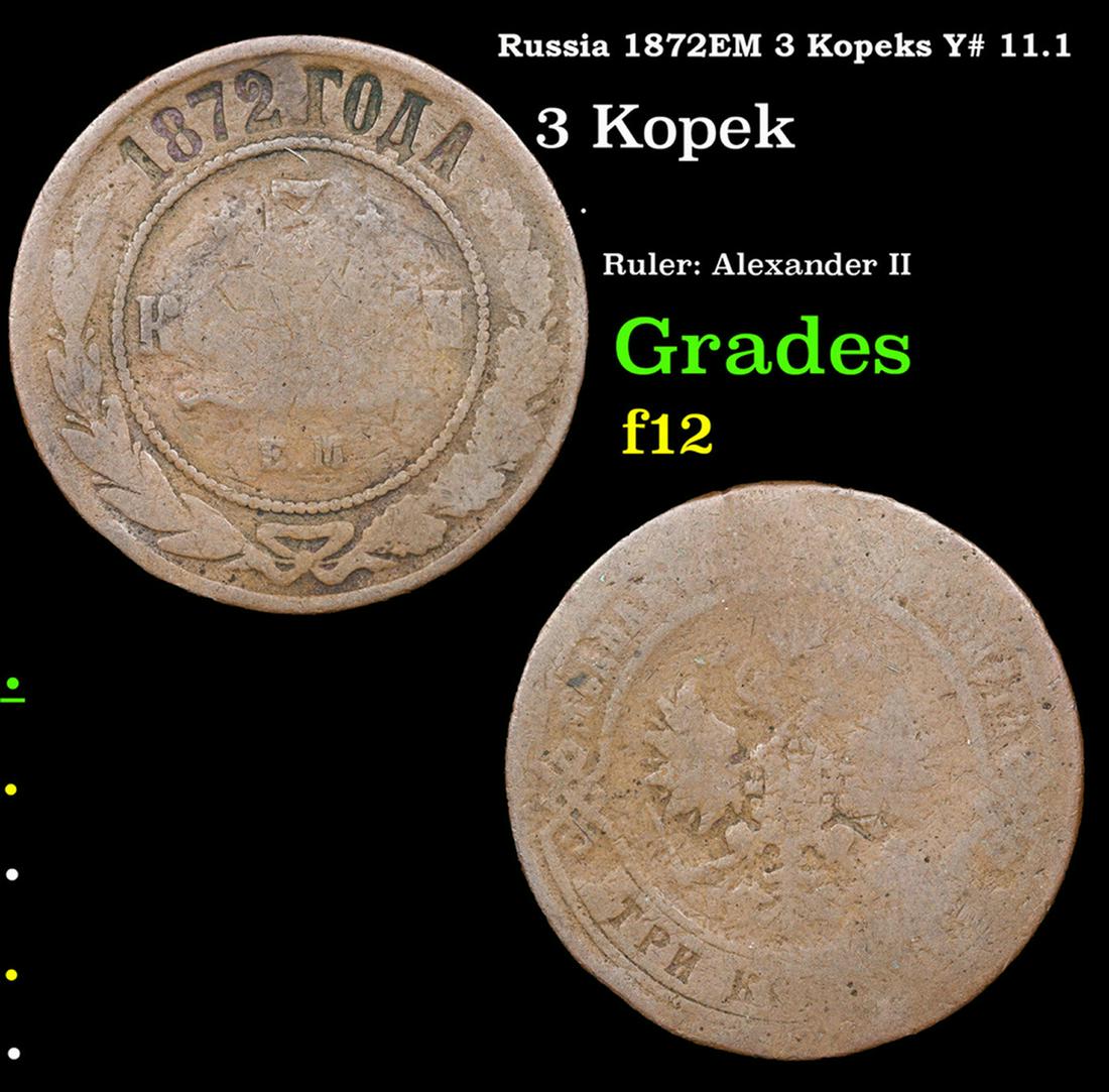 Russia 1872EM 3 Kopeks Y# 11.1 Grades f, fine: Russia 1872EM 3 Kopeks Y# 11.1 Grades f, fine. About the Kopek, 100 Kopeks make 1 Ruble. To give an idea of the purchasing power of one of these in the 1790's one could purchase 50 apples for a Kopek,