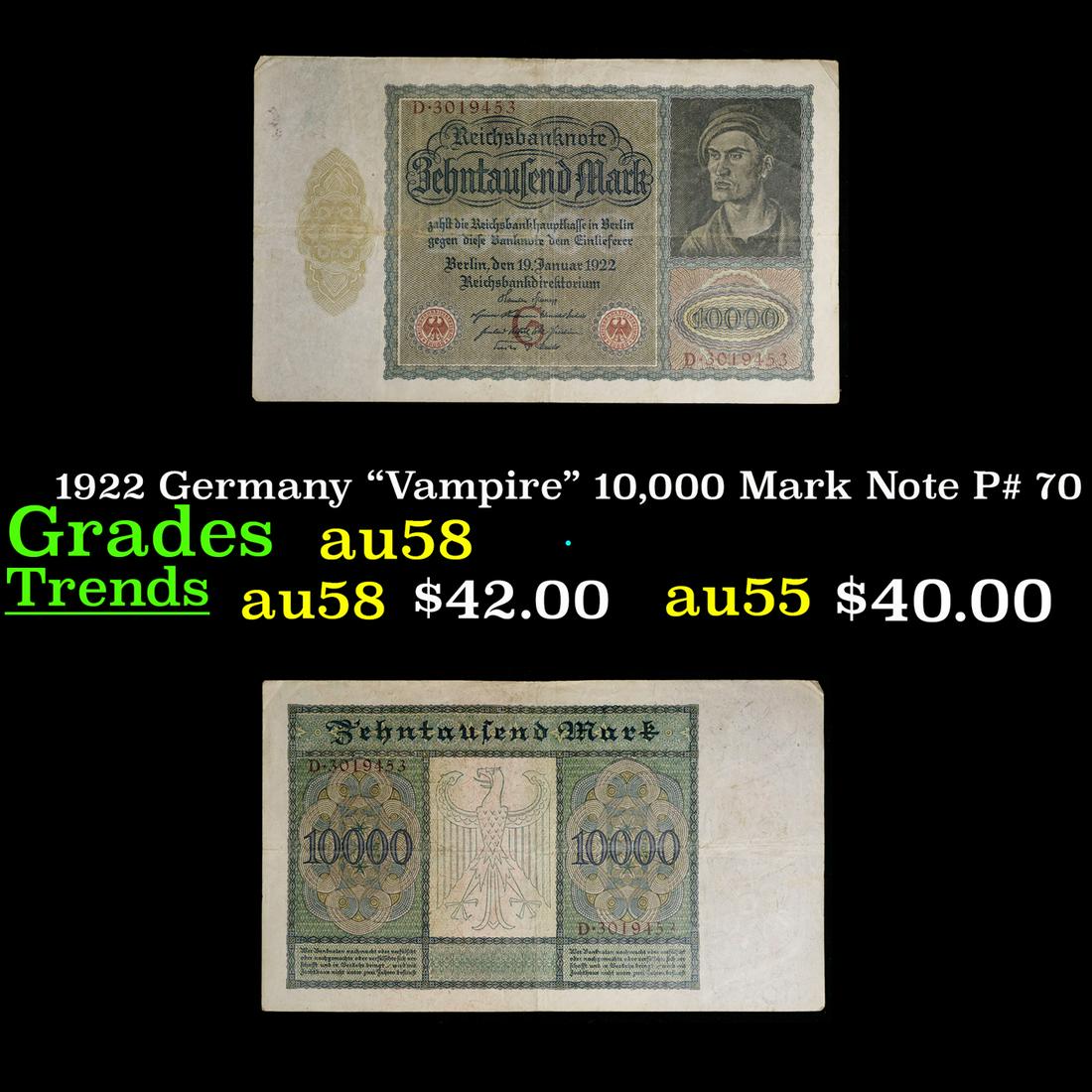 1922 Germany "Vampire" 10,000 Mark Note P# 70 Grades Choice AU/BU Slider (1 of 3)