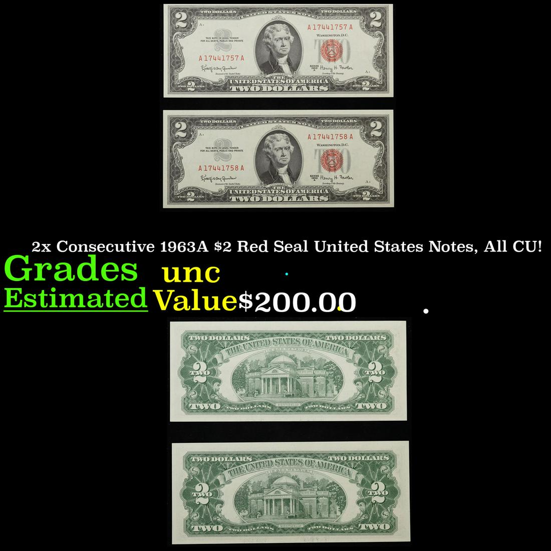 2x Consecutive 1963A $2 Red Seal United States Notes, All CU! Grades Brilliant Uncirculated (1 of 3)