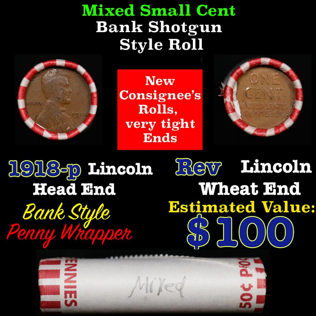 Mixed small cents 1c orig shotgun roll, 1918-p Lincoln Wheat  Cent end, Lincoln Wheat Cent other (1 of 4)