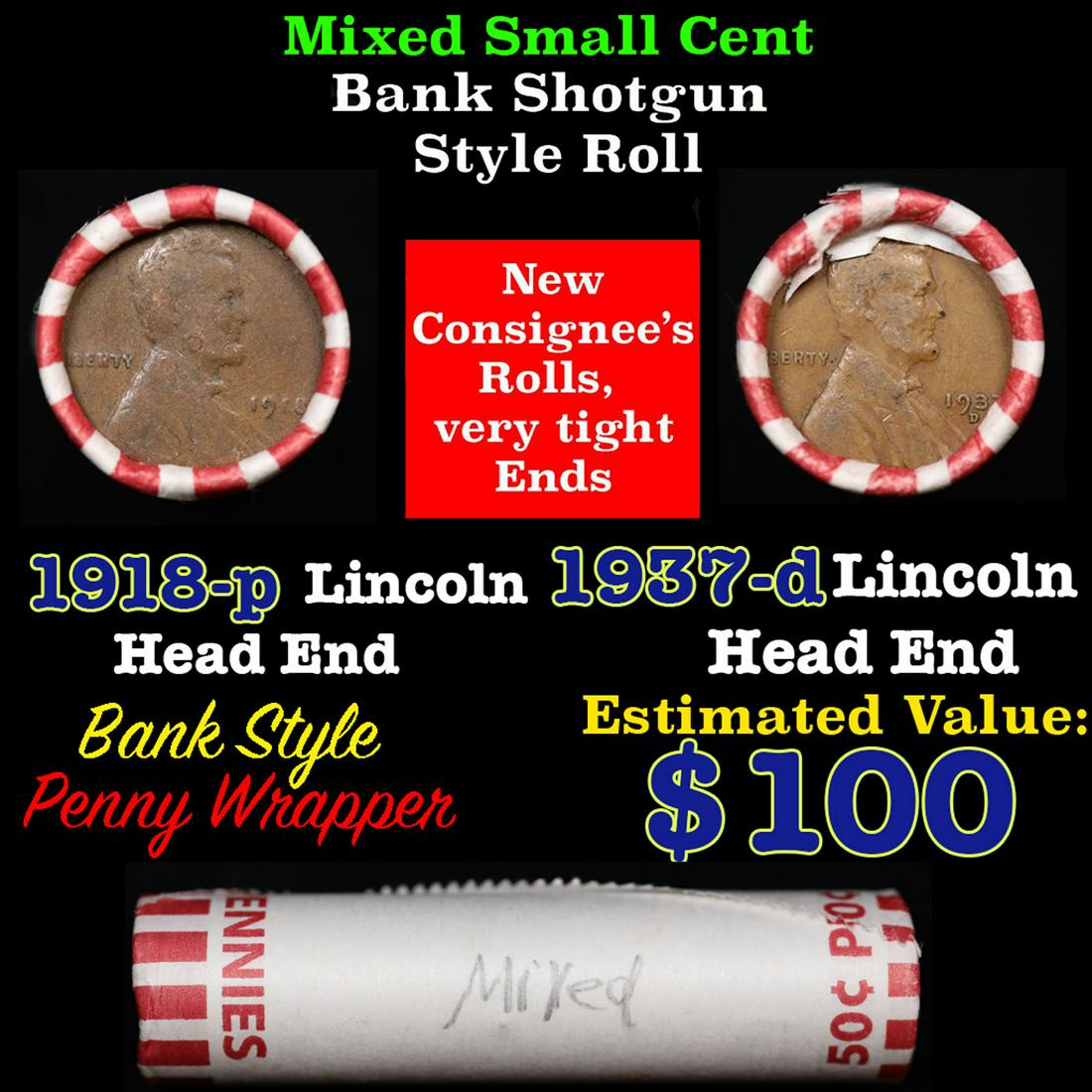Mixed small cents 1c orig shotgun roll, 1937-d Lincoln Wheat Cent end, 1918-p Lincoln Wheat Cent (1 of 4)