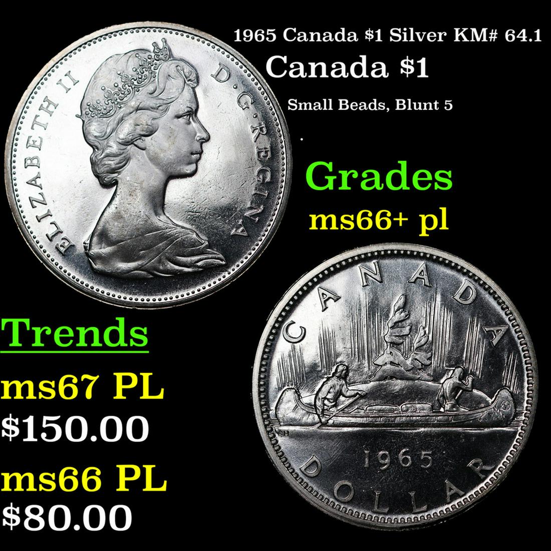 1965 Canada $1 Silver Canada Dollar KM# 64.1 $1 Grades GEM++ PL (1 of 3)