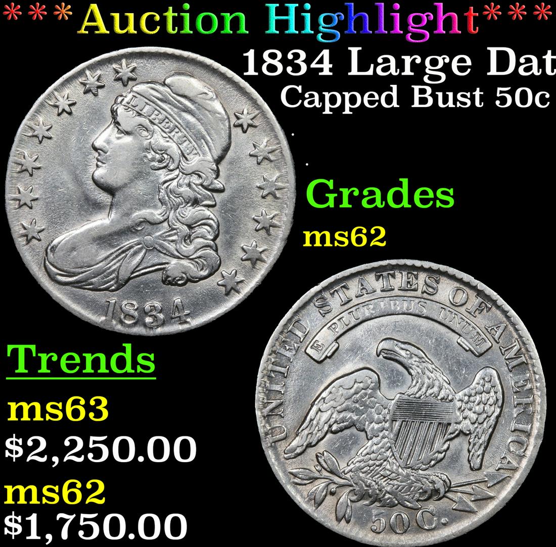 ***Auction Highlight*** 1834 Large Date, Large Letters Capped Bust Half Dollar 50c Graded Select Unc (1 of 5)