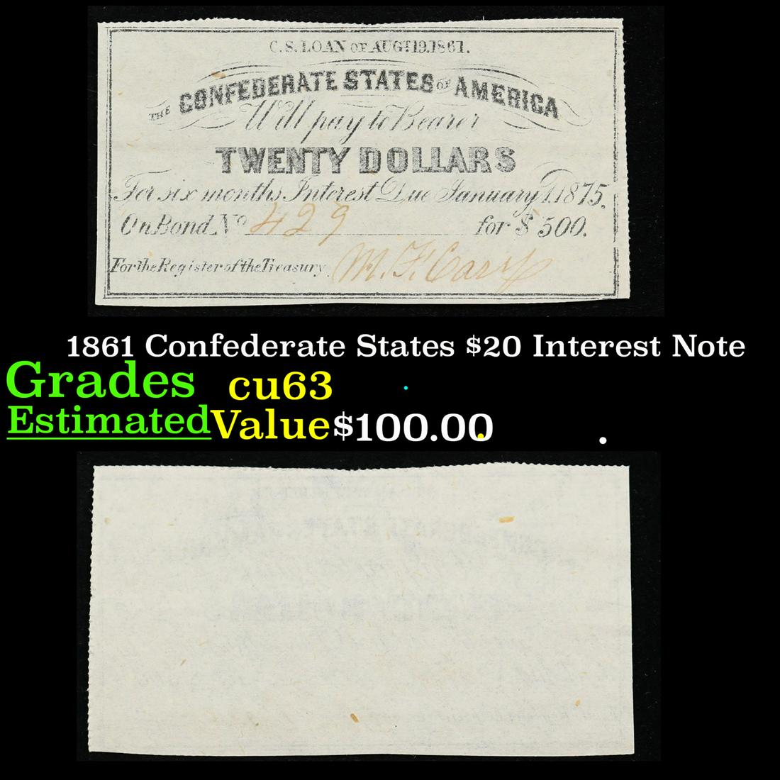 1861 Confederate States $20 Interest Note Grades Select CU (1 of 3)