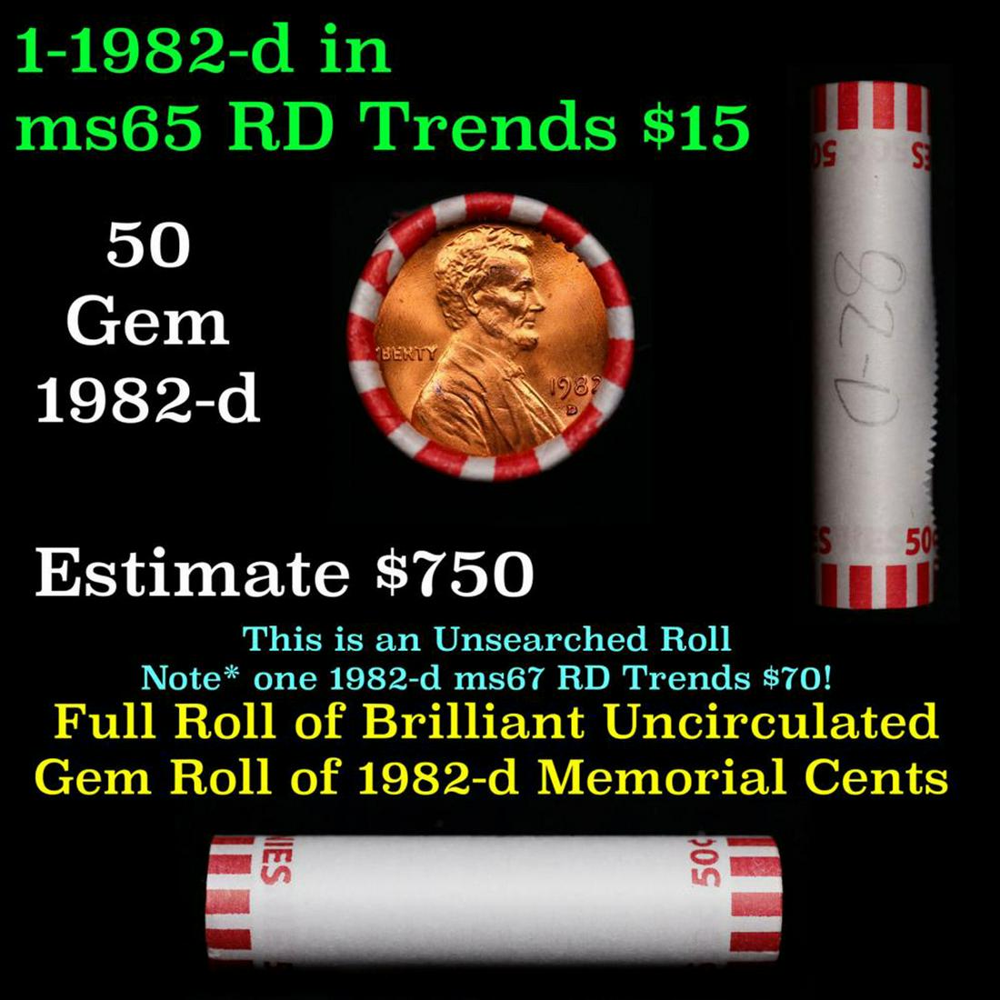 Shotgun Lincoln 1c roll, 1982-d 50 pcs Bank Wrapper.: Shotgun Lincoln 1c roll, 1982-d 50 pcs Bank Wrapper.. A terrific Shotgun roll of Lincoln cents. Most if not all coin should be cherry red.