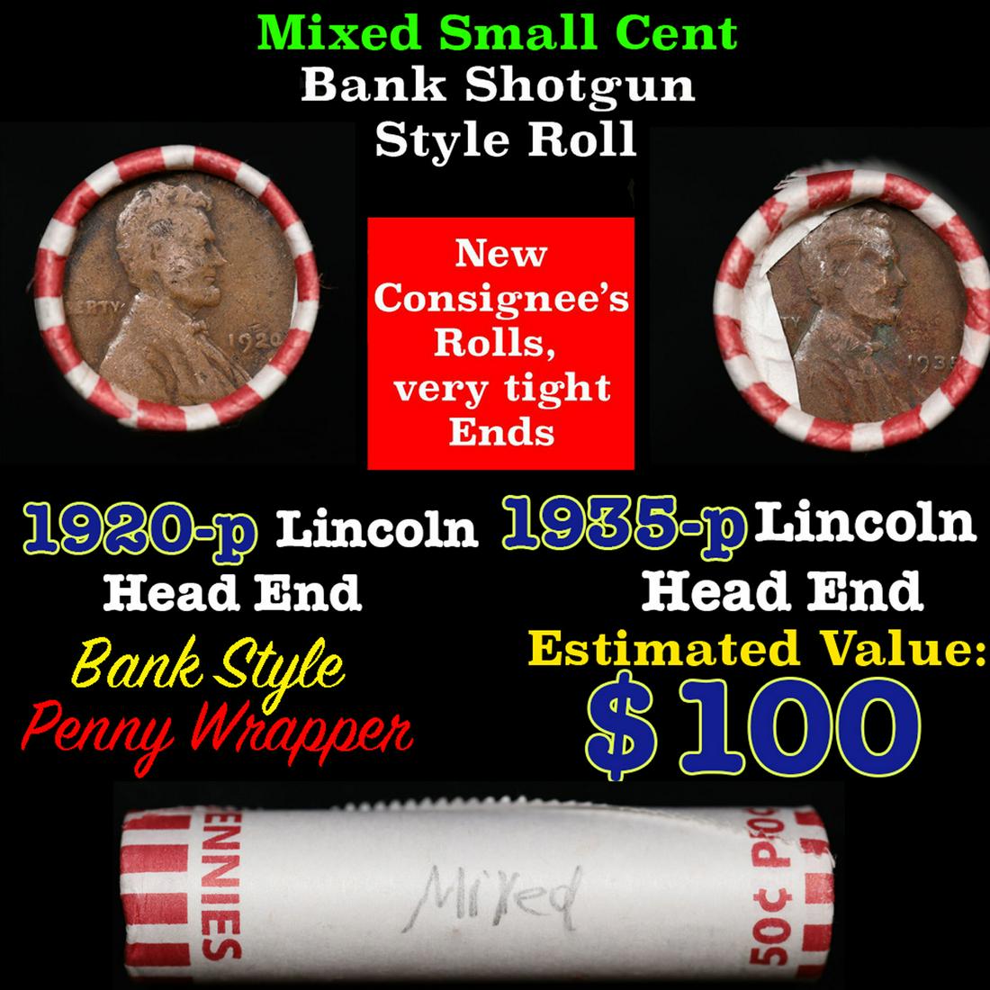 Mixed small cents 1c orig shotgun roll, 1935-p Lincoln Wheat Cent end, 1920-p Lincoln Wheat Cent (1 of 4)