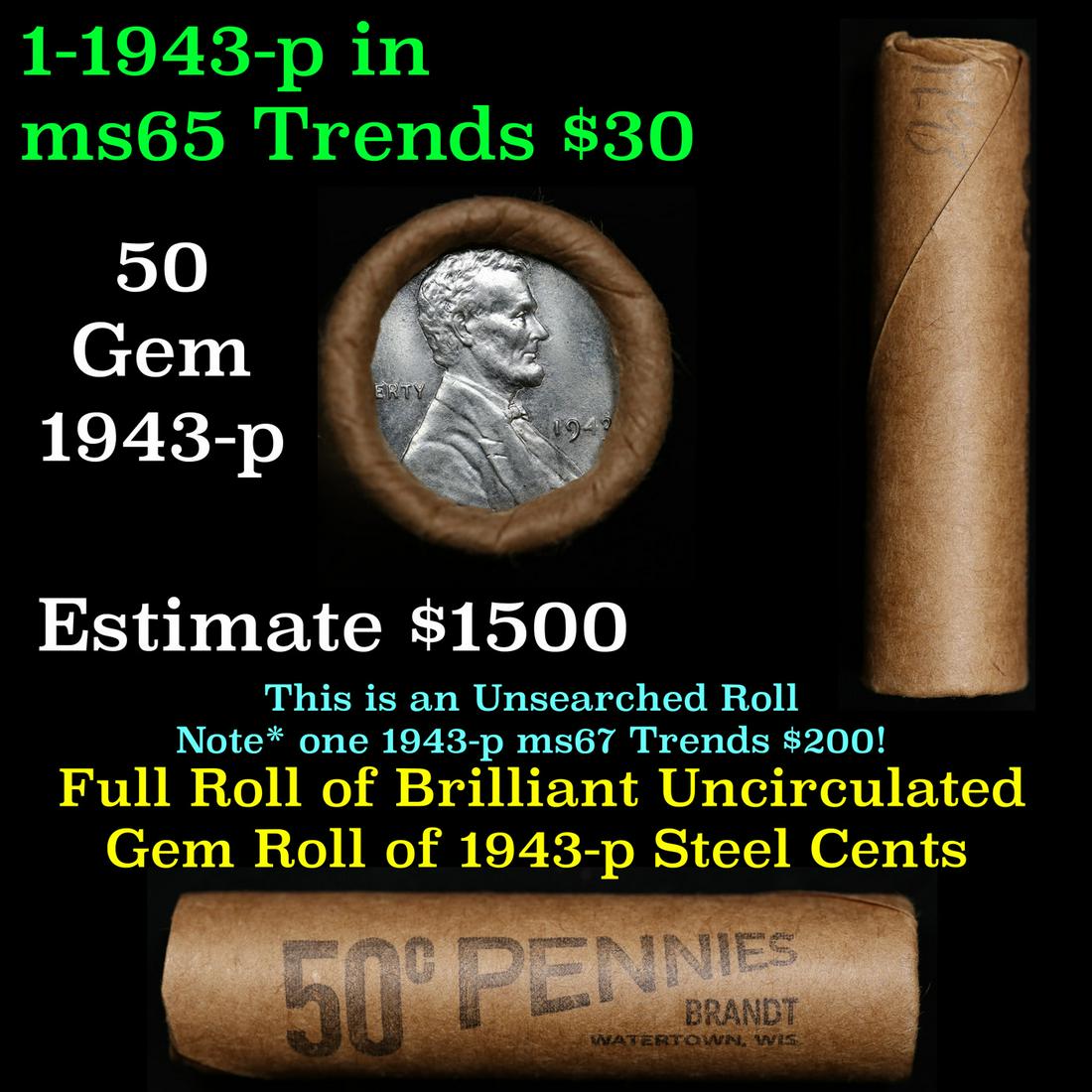 Shotgun Lincoln 1c roll, 1943-p Steel Cents, 50 pcs Bank Wrapper. (1 of 4)