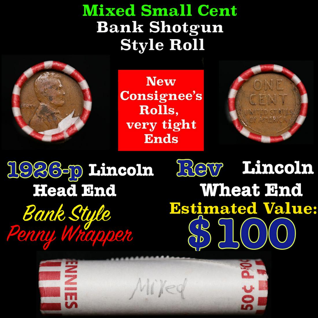 Mixed small cents 1c orig shotgun roll, Indian Cent end, 1926-p Lincoln Wheat Cent other end, Bank (1 of 4)