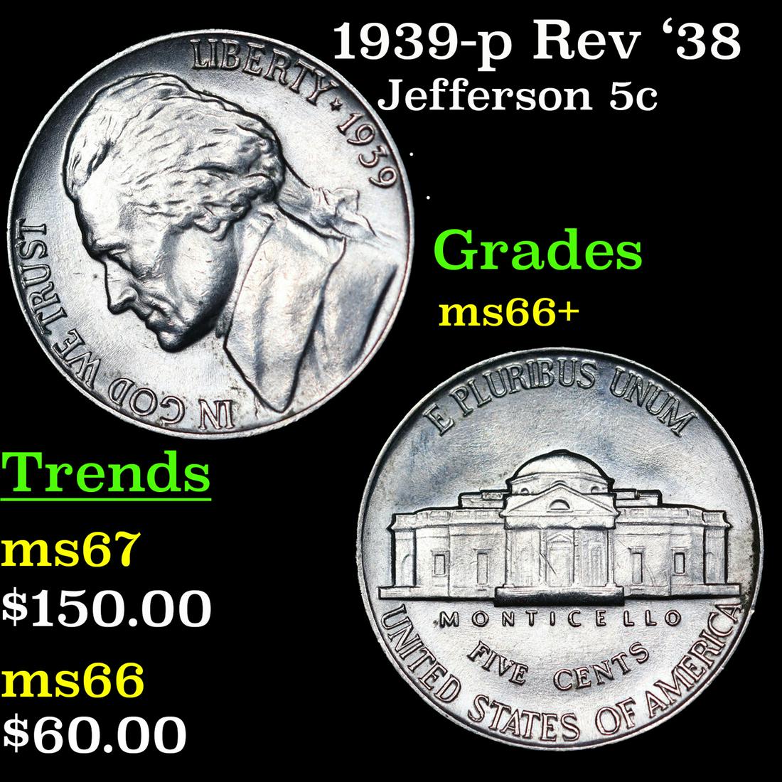 1939-p Rev '38 Jefferson Nickel 5c Grades GEM++ Unc (1 of 3)