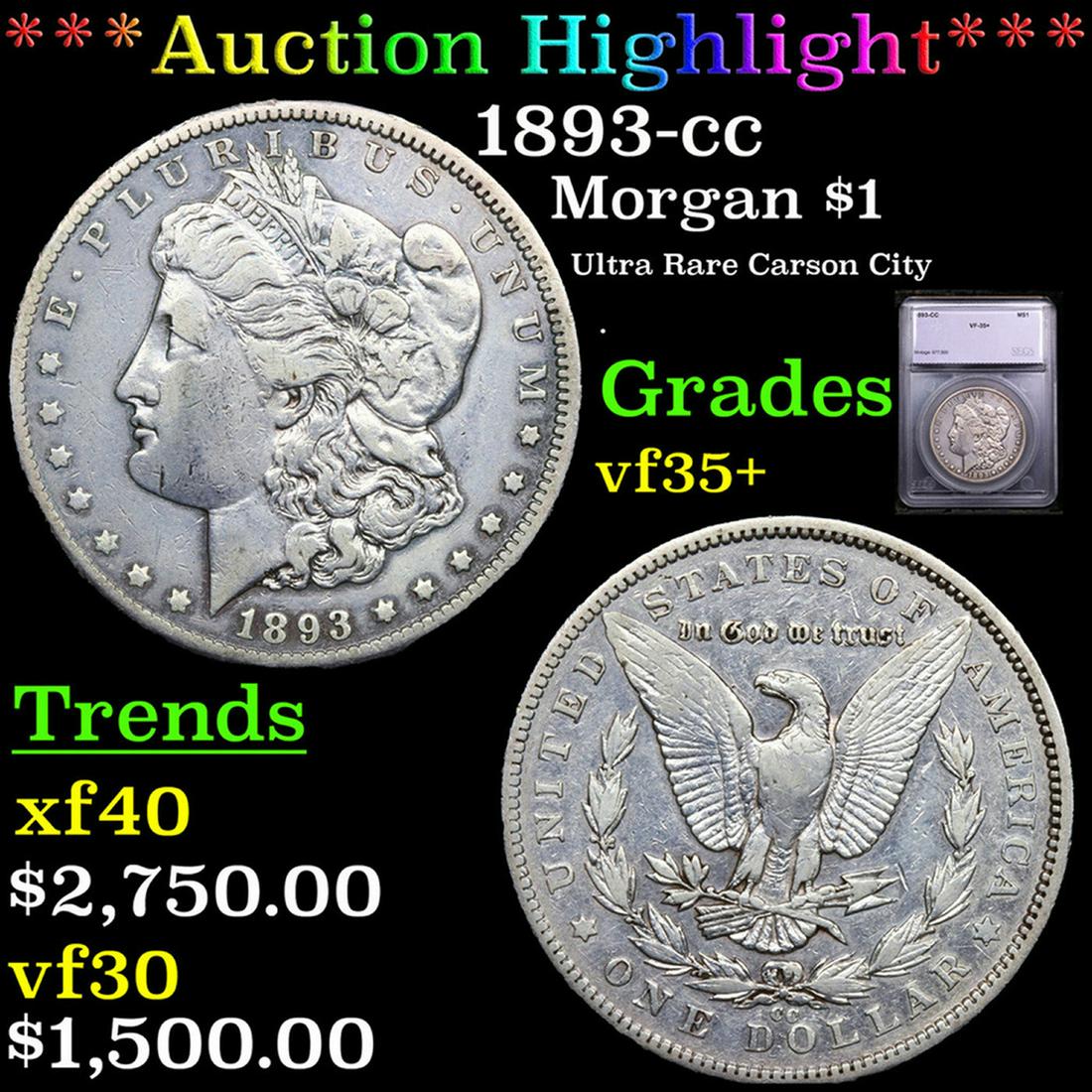 ***Auction Highlight*** 1893-cc Morgan Dollar $1 Graded vf35+ BY SEGS (fc) (1 of 5)