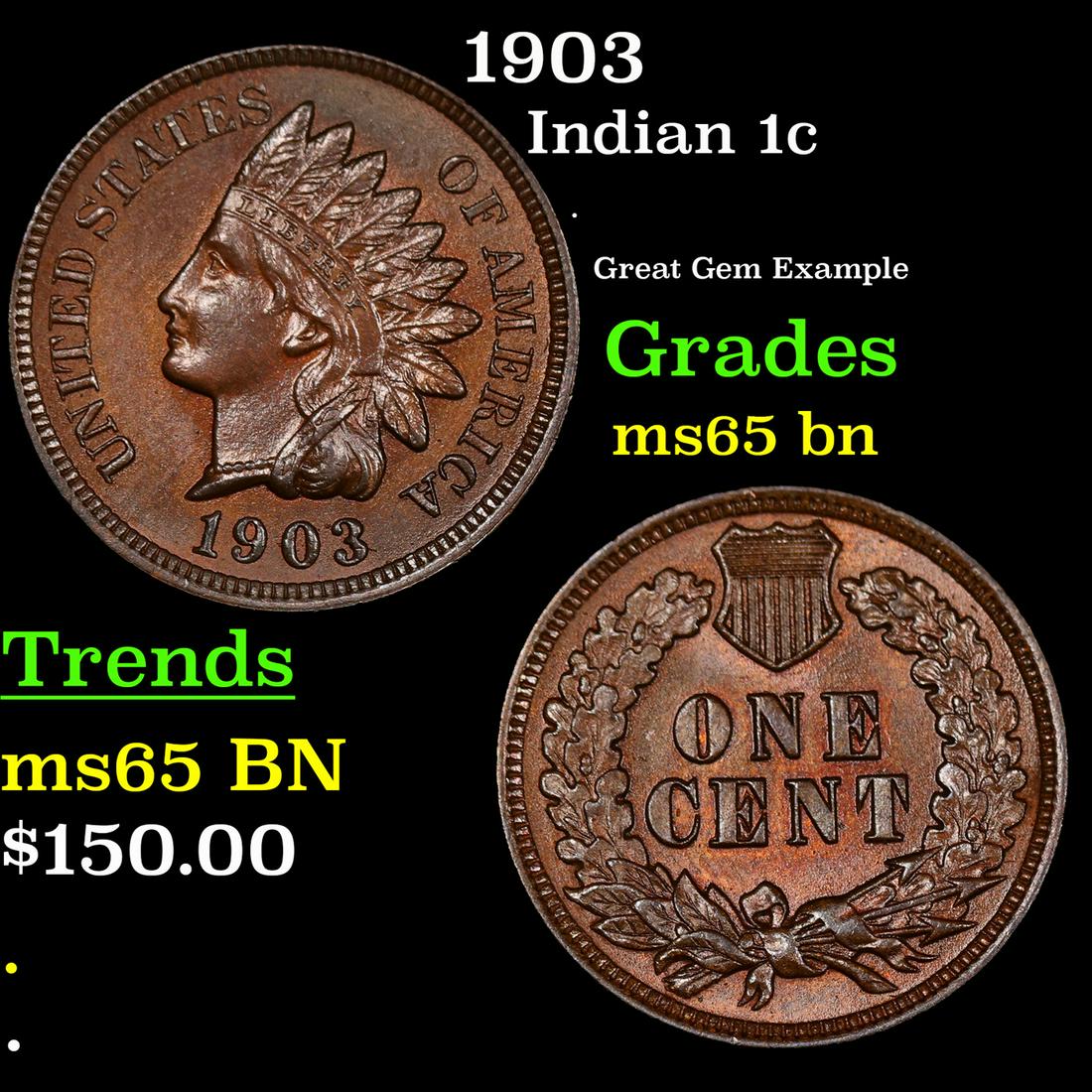 1903 Indian Cent 1c Grades GEM Unc BN (1 of 3)