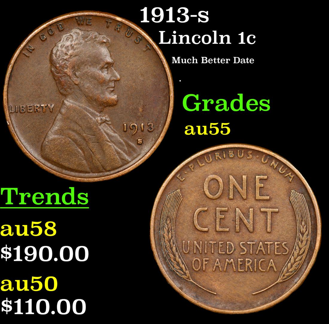 1913-s Lincoln Cent 1c Grades Choice AU (1 of 3)
