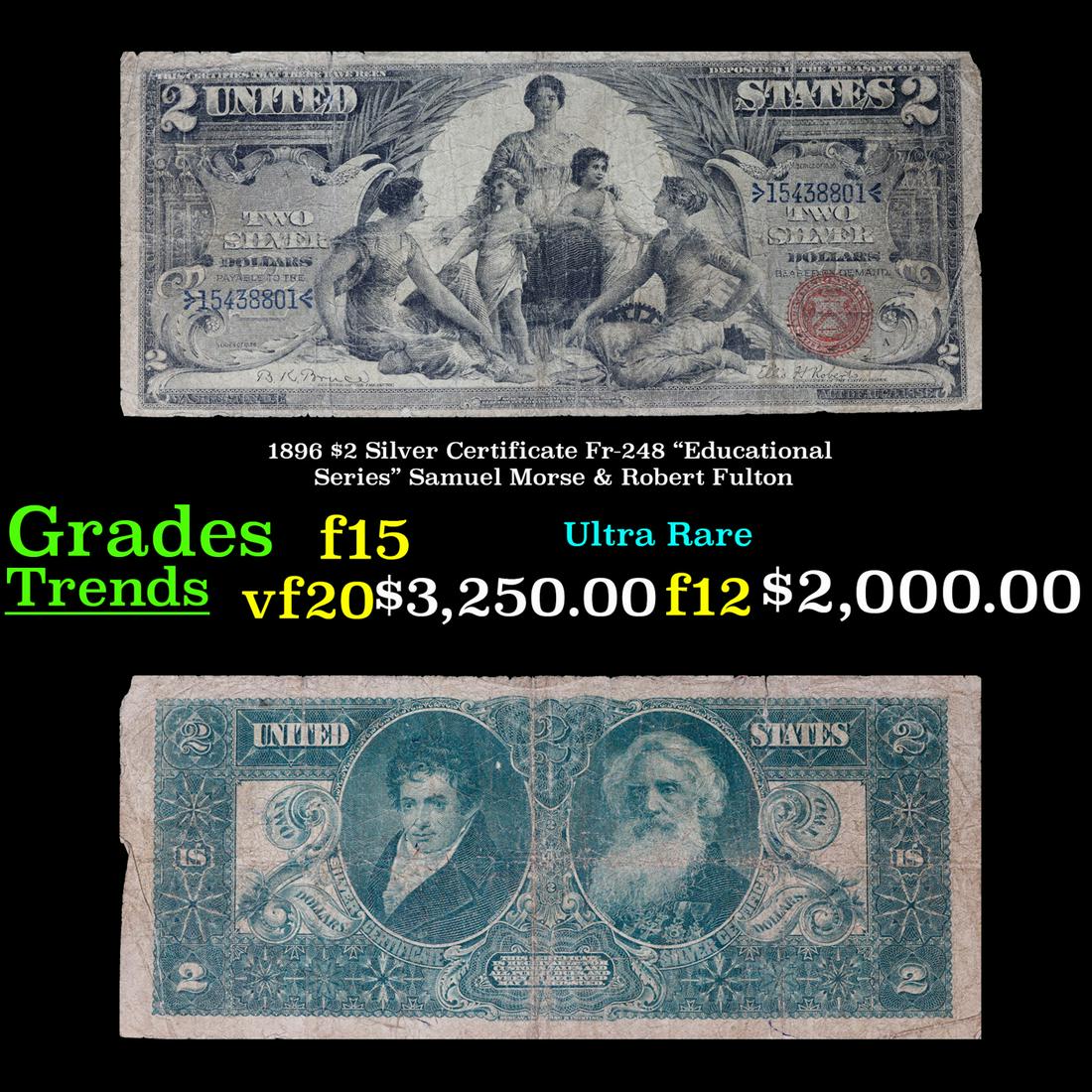 ***Auction Highlight*** 1896 $2 Silver Certificate Fr-248 "Educational Series" Samuel Morse & Robert (1 of 3)