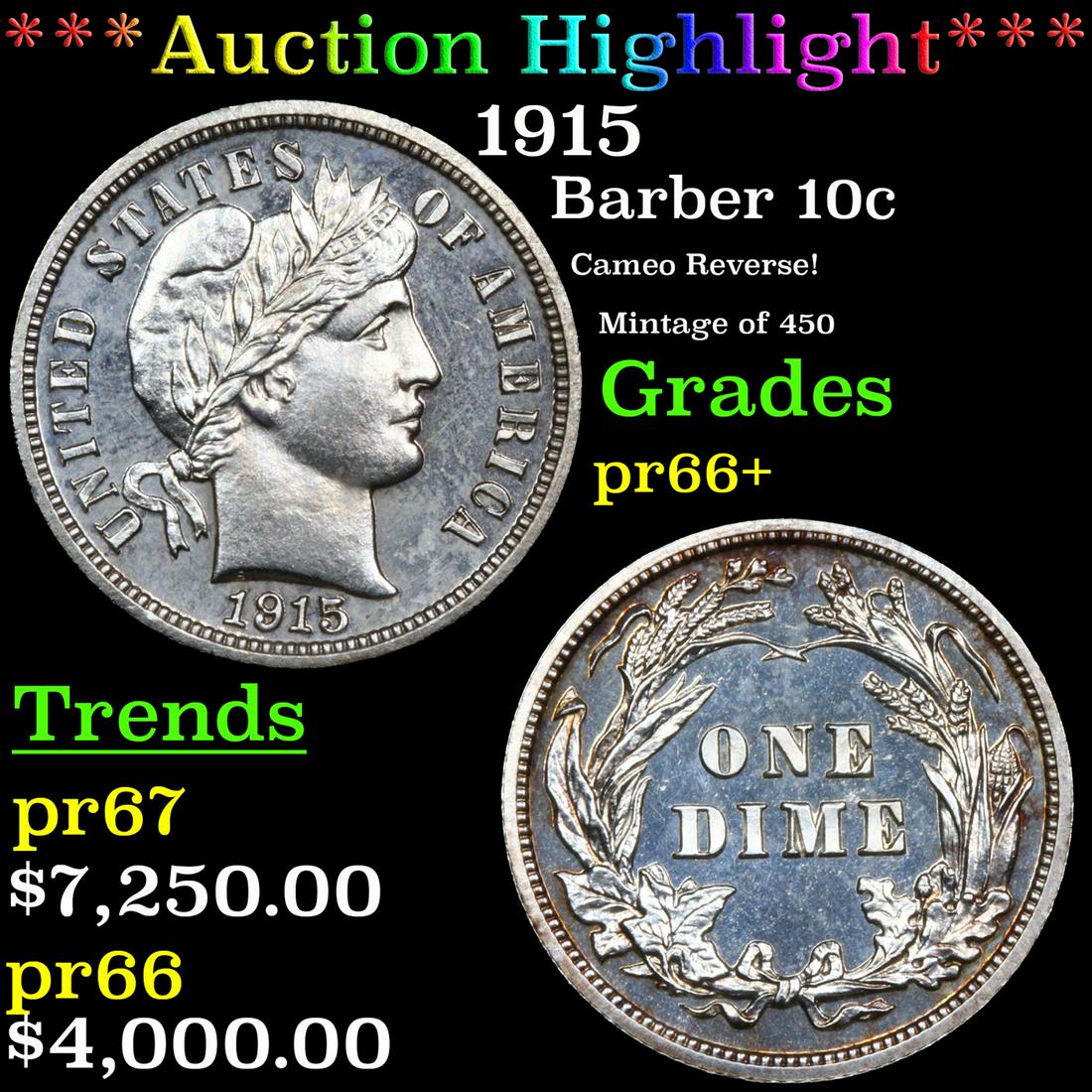 Proof ***Auction Highlight*** 1915 Barber Dime 10c Graded pr66+ By SEGS (fc) (1 of 5)