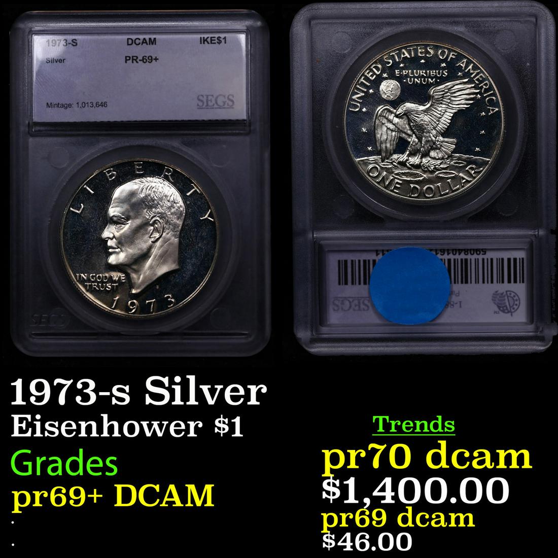 Proof 1973-s Silver Eisenhower Dollar $1 Graded pr69+ DCAM BY SEGS (1 of 3)