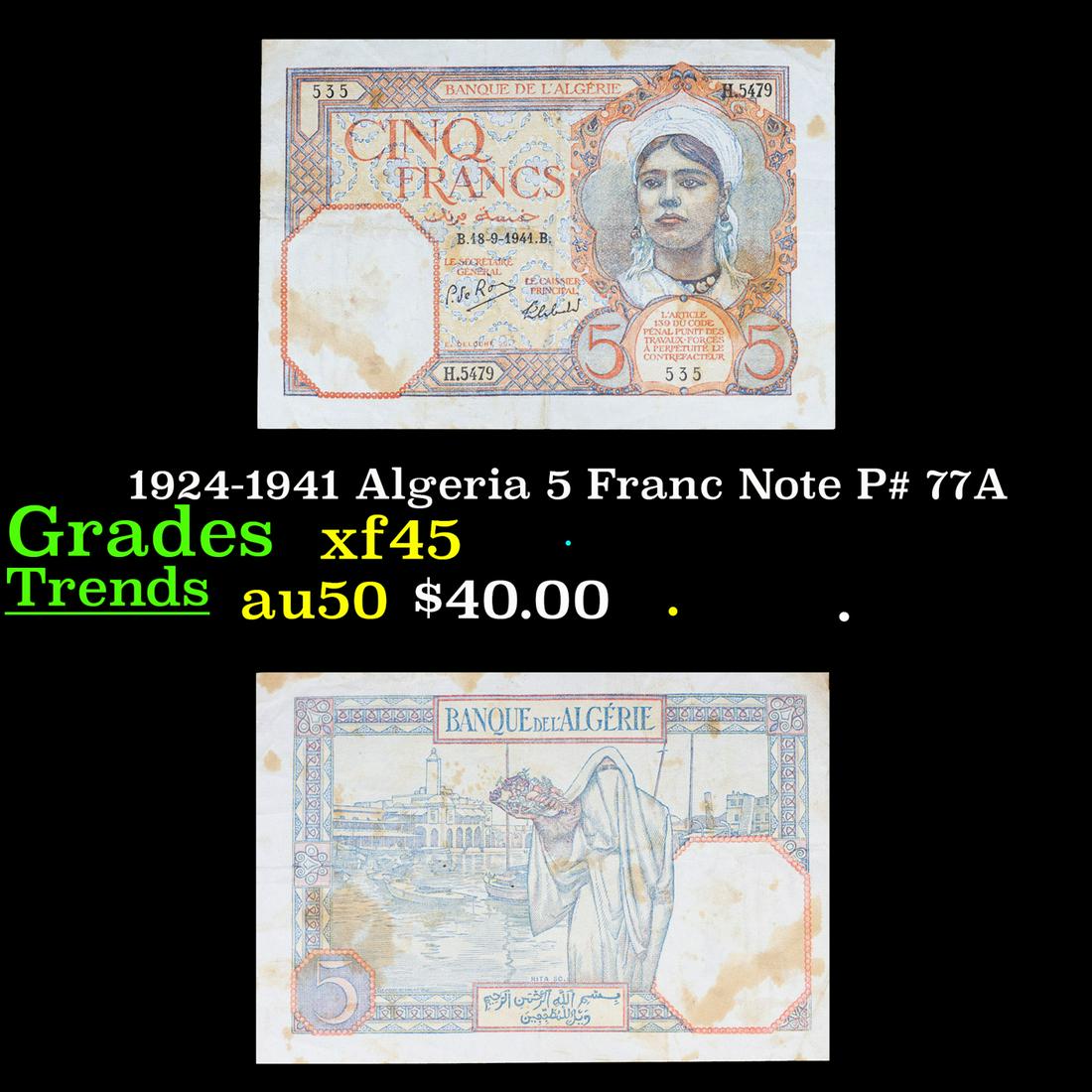 1924-1941 Algeria 5 Franc Note P# 77A Grades xf+ (1 of 3)