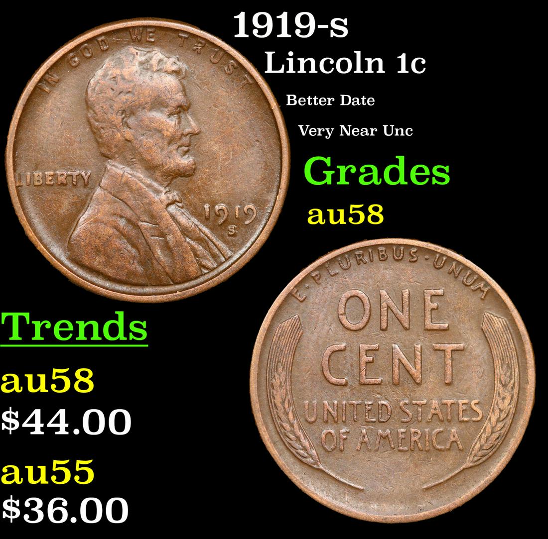 1919-s Lincoln Cent 1c Grades Choice AU/BU Slider (1 of 3)