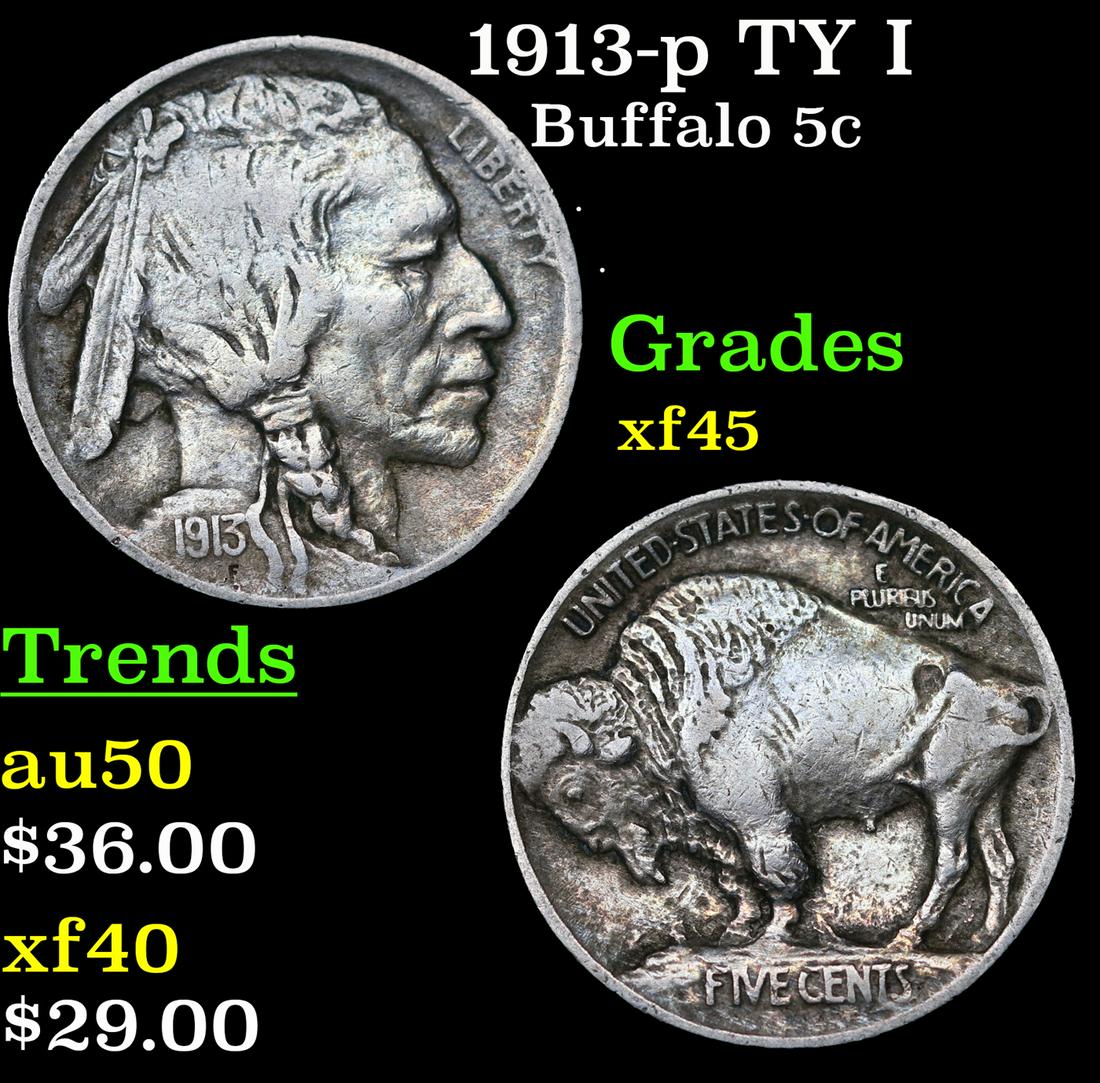 1913-p TY I Buffalo Nickel 5c Grades xf+ (1 of 3)