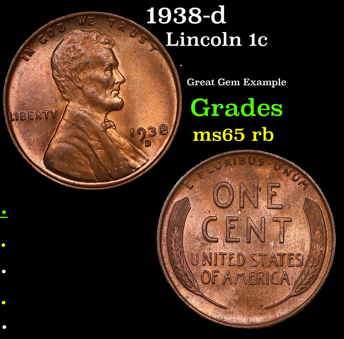 1938-d Lincoln Cent 1c Grades GEM Unc RB (1 of 3)